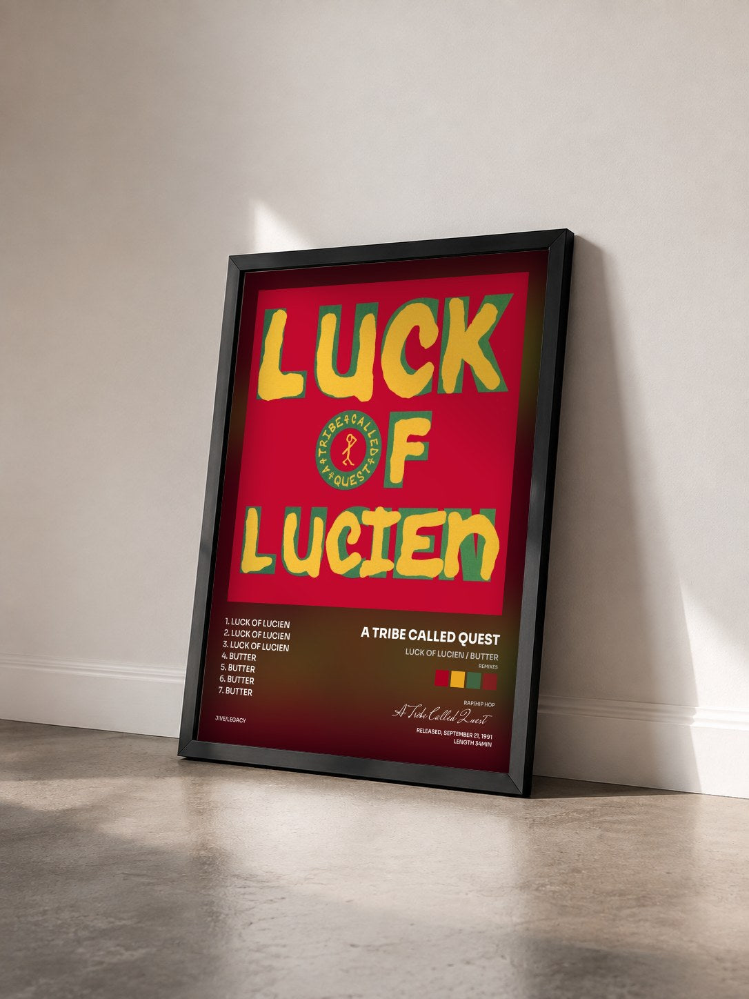 #noir Tableau de l'album Luck of Lucien / Butter (Remixes) de A Tribe Called Quest vu de trois quarts, cadre noir