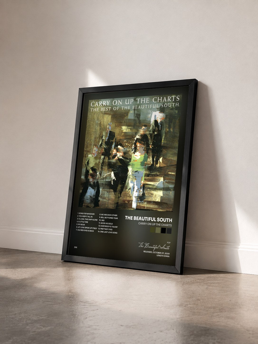 #noir Tableau de l'album Carry On Up The Charts de The Beautiful South vu de trois quarts, cadre noir