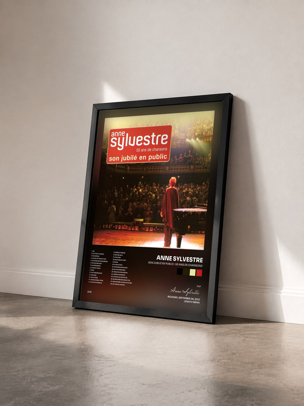 #noir Tableau de l'album Son jubilé en public : 50 ans de chansons de Anne Sylvestre vu de trois quarts, cadre noir