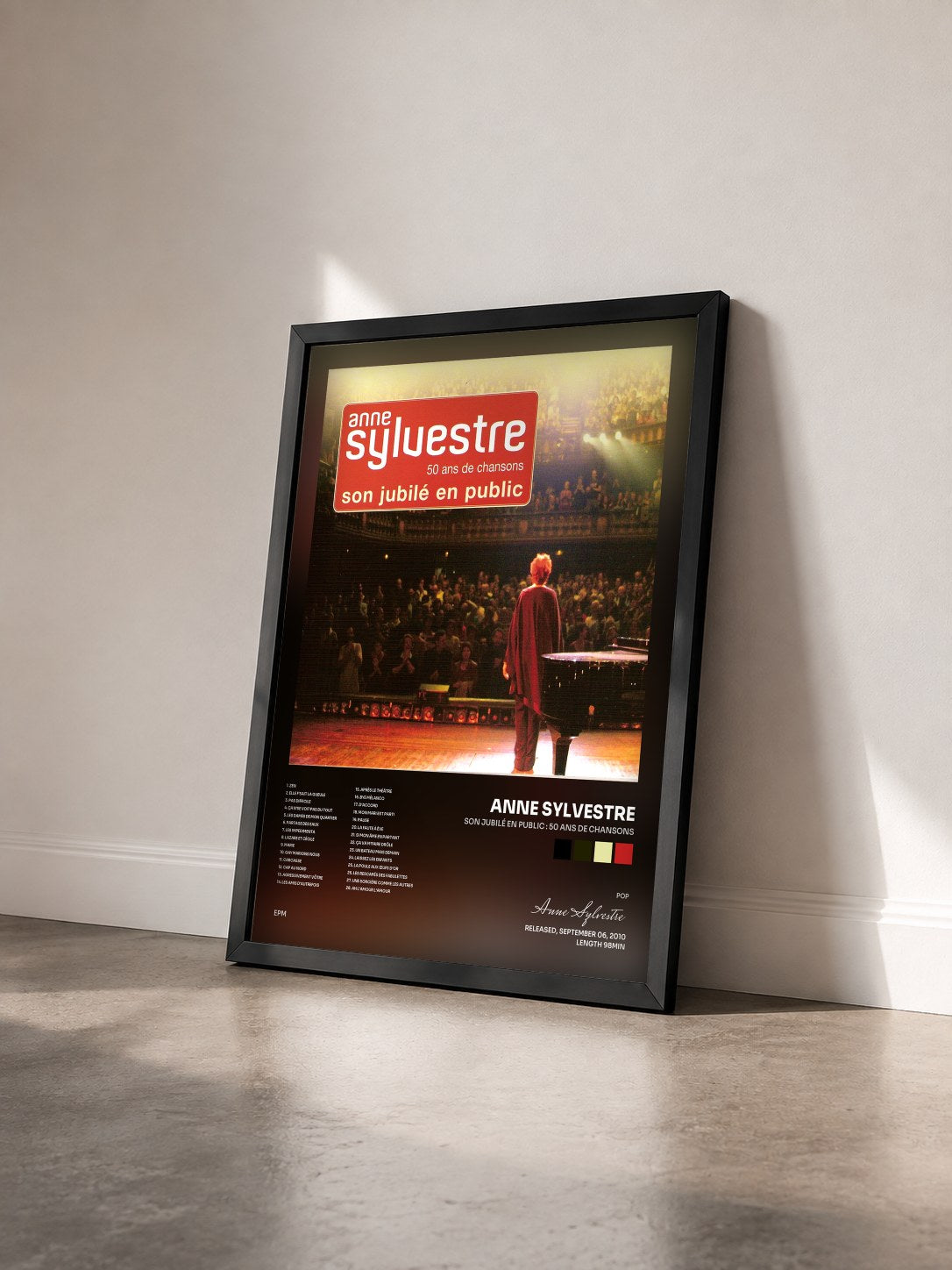 #noir Tableau de l'album Son jubilé en public : 50 ans de chansons de Anne Sylvestre vu de trois quarts, cadre noir
