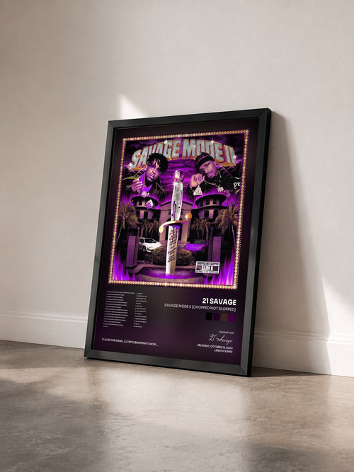 #noir SAVAGE MODE II [CHOPPED NOT SLOPPED] de 21 Savage en lámina enmarcada vista de tres cuartos, marco negro
