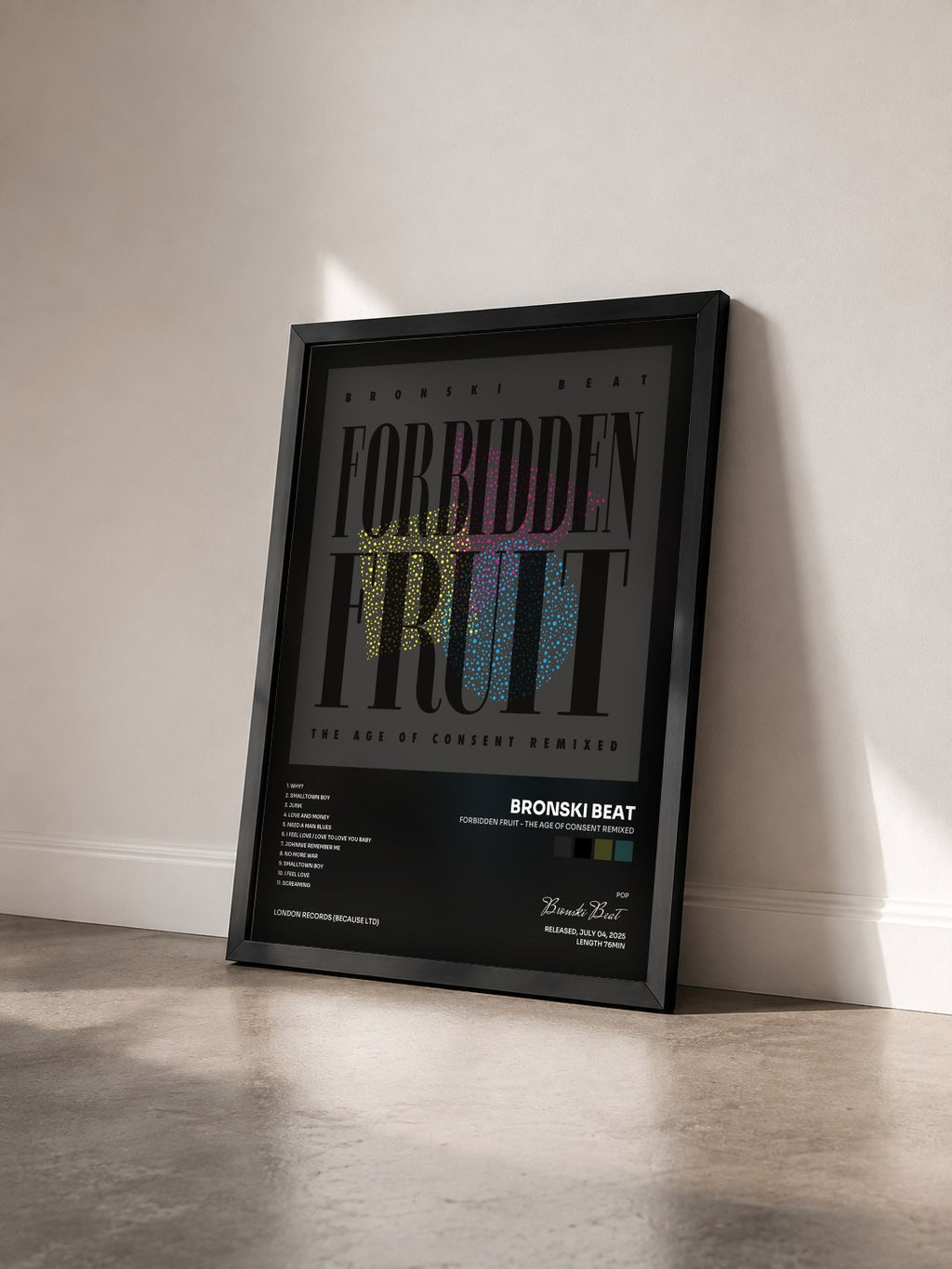 #noir Forbidden Fruit - The Age of Consent Remixed di Bronski Beat in stampa incorniciata vista di tre quarti, cornice nera