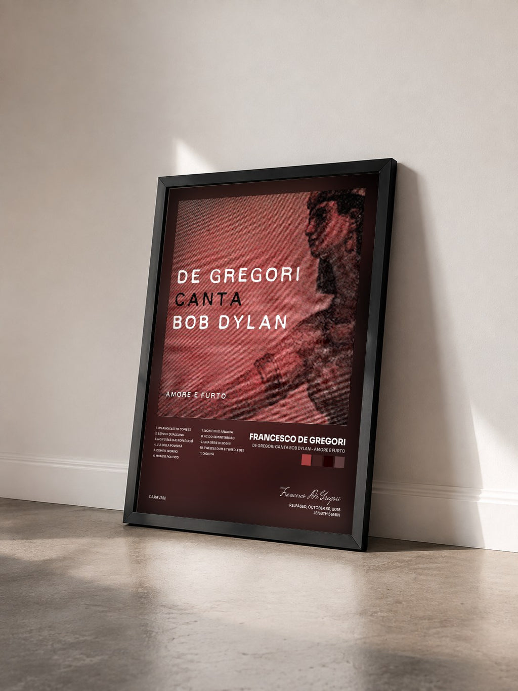 #noir Tableau de l'album De Gregori canta Bob Dylan - Amore e furto de Francesco De Gregori vu de trois quarts, cadre noir