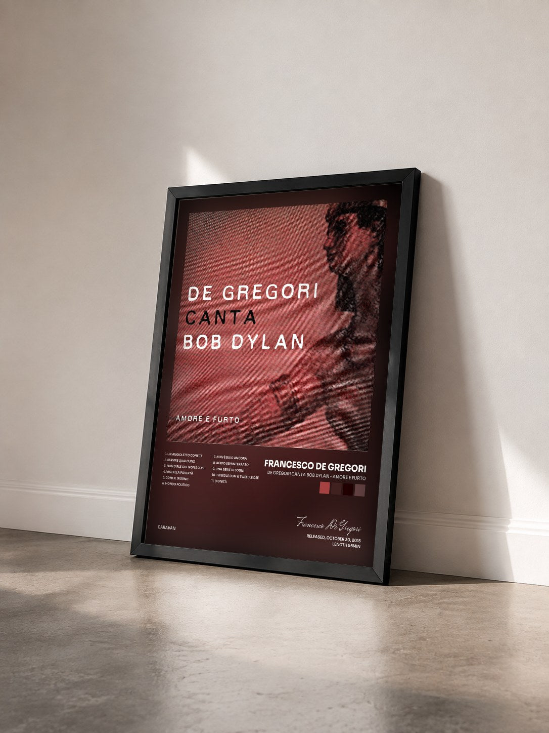 #noir Tableau de l'album De Gregori canta Bob Dylan - Amore e furto de Francesco De Gregori vu de trois quarts, cadre noir