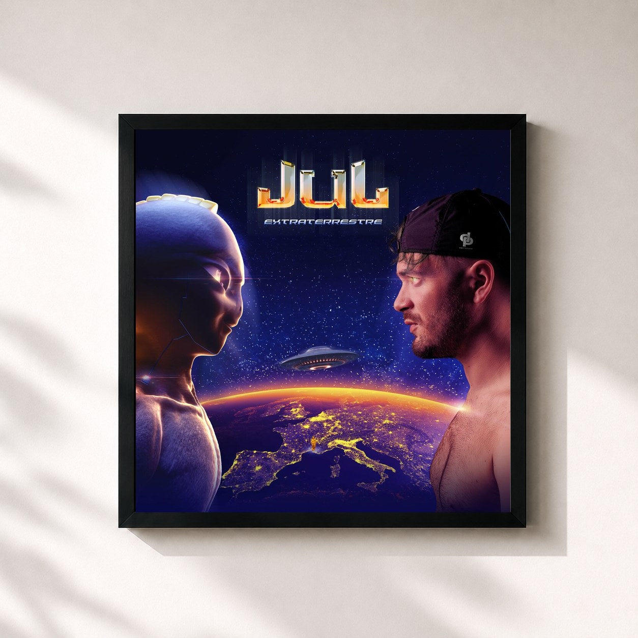 #noir Tableau carré de l'album Extraterrestre de Jul, cadre noir 32x32 cm