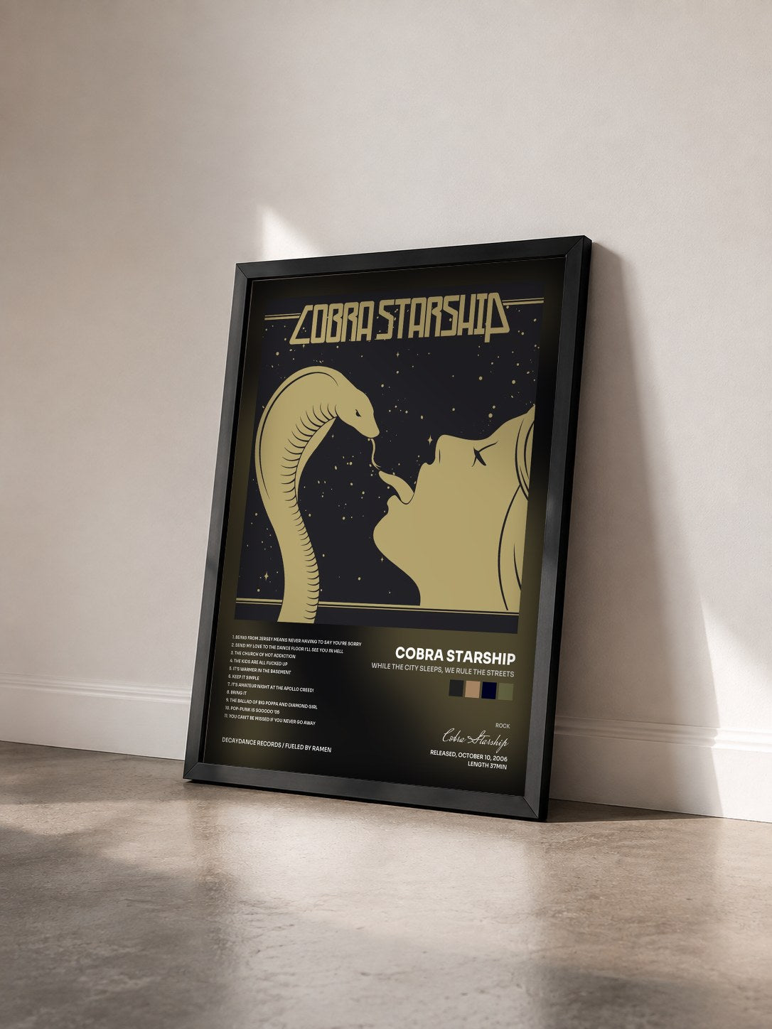 #noir Tableau de l'album While the City Sleeps, We Rule the Streets de Cobra Starship vu de trois quarts, cadre noir