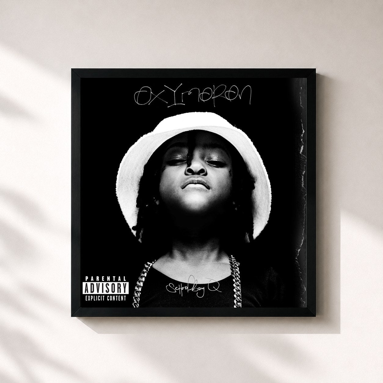 #noir Oxymoron de Schoolboy Q en lámina cuadrada enmarcada, marco negro de 32x32 cm