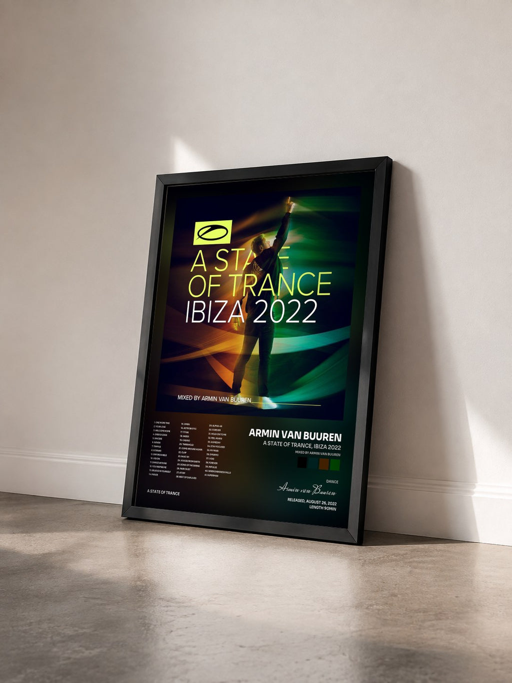 #noir A State Of Trance, Ibiza 2022 (Mixed by Armin van Buuren) by Armin van Buuren as a framed art print seen at an angle, black frame
