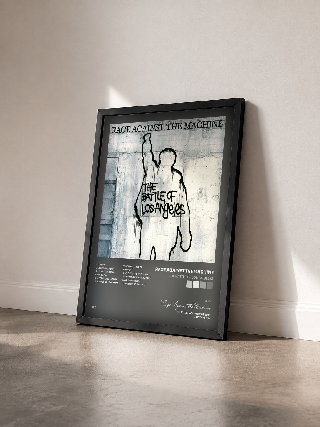 #noir The Battle Of Los Angeles by Rage Against the Machine as a framed art print seen at an angle, black frame