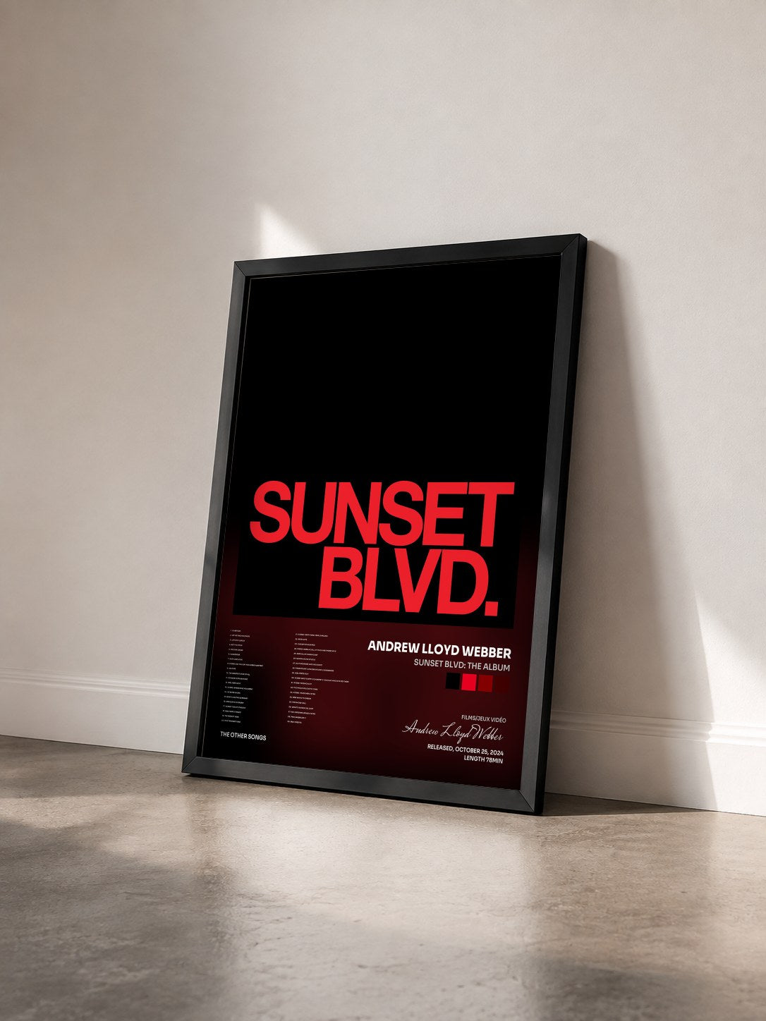 #noir Tableau de l'album SUNSET BLVD: The Album de Andrew Lloyd Webber vu de trois quarts, cadre noir