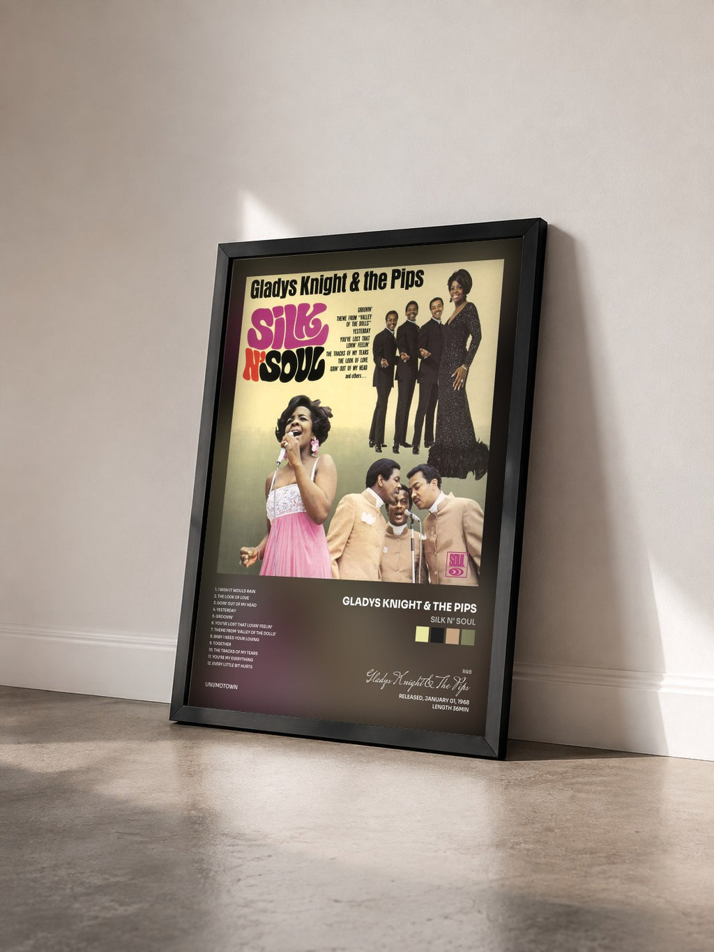 #noir Tableau de l'album Silk N' Soul de Gladys Knight & The Pips vu de trois quarts, cadre noir