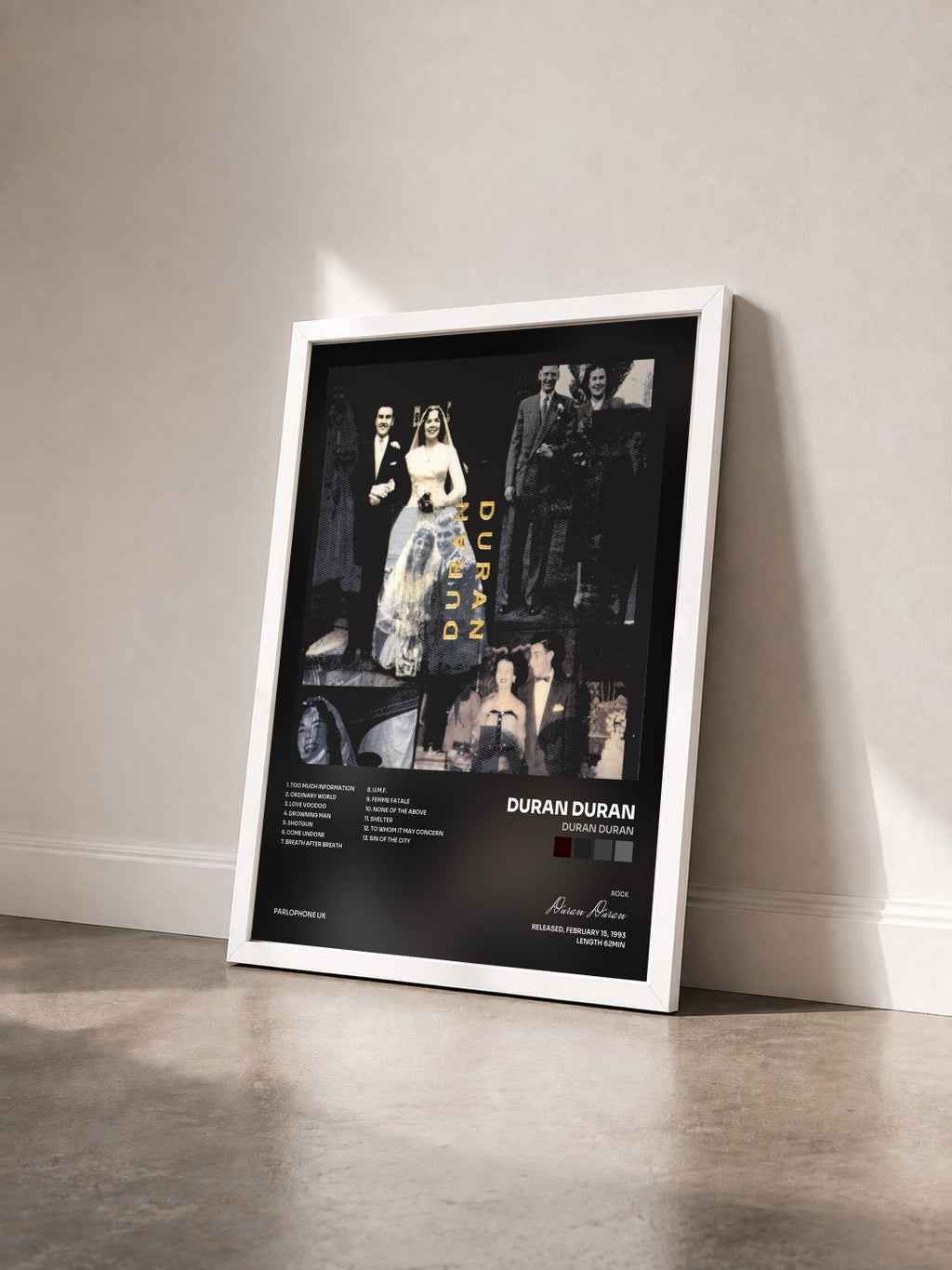 #blanc Tableau de l'album Duran Duran de Duran Duran vu de trois quarts, cadre blanc
