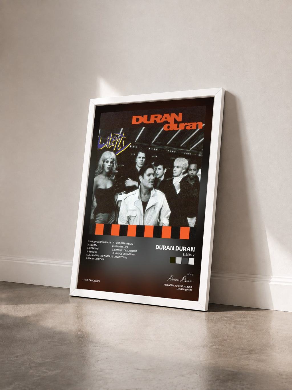 #blanc Tableau de l'album Liberty de Duran Duran vu de trois quarts, cadre blanc
