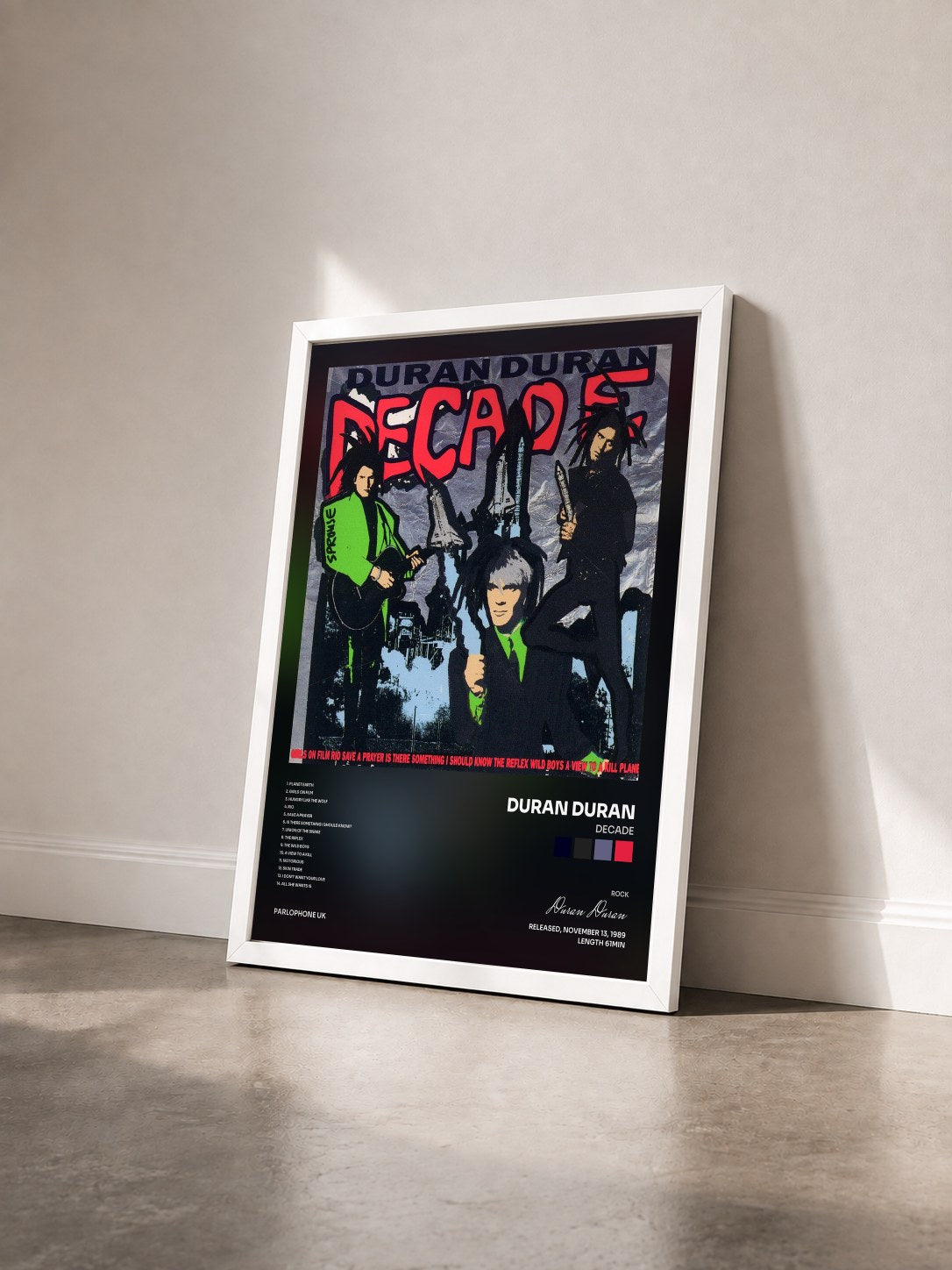 #blanc Tableau de l'album Decade de Duran Duran vu de trois quarts, cadre blanc