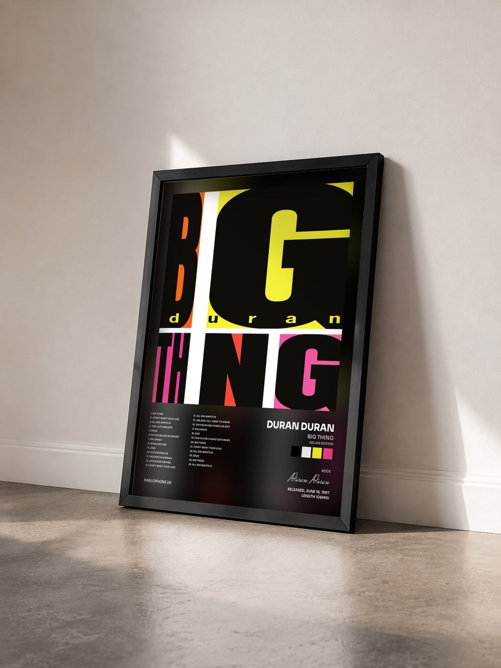 #noir Big Thing (Deluxe Edition) by Duran Duran as a framed art print seen at an angle, black frame