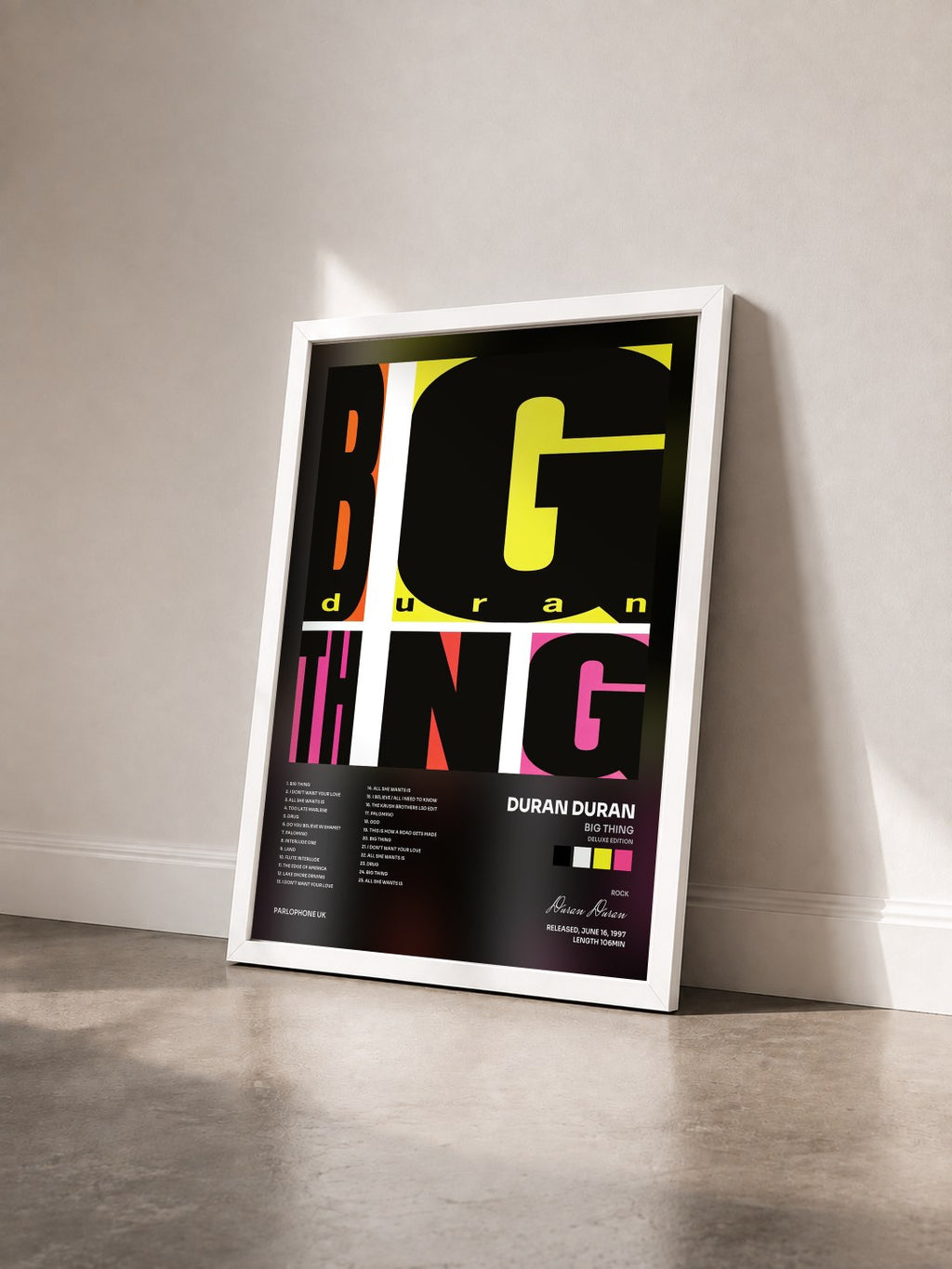 #blanc Big Thing (Deluxe Edition) by Duran Duran as a framed art print seen at an angle, white frame