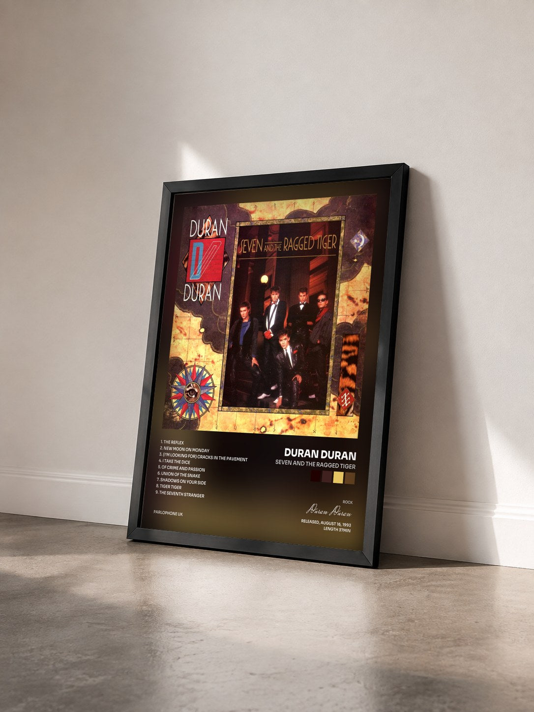 #noir Tableau de l'album Seven and the Ragged Tiger de Duran Duran vu de trois quarts, cadre noir