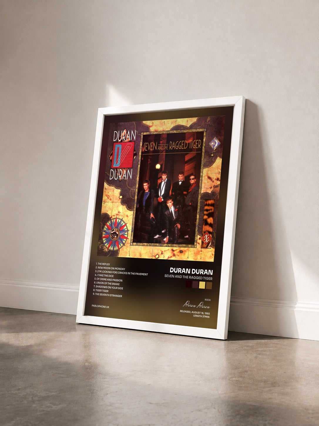 #blanc Tableau de l'album Seven and the Ragged Tiger de Duran Duran vu de trois quarts, cadre blanc
