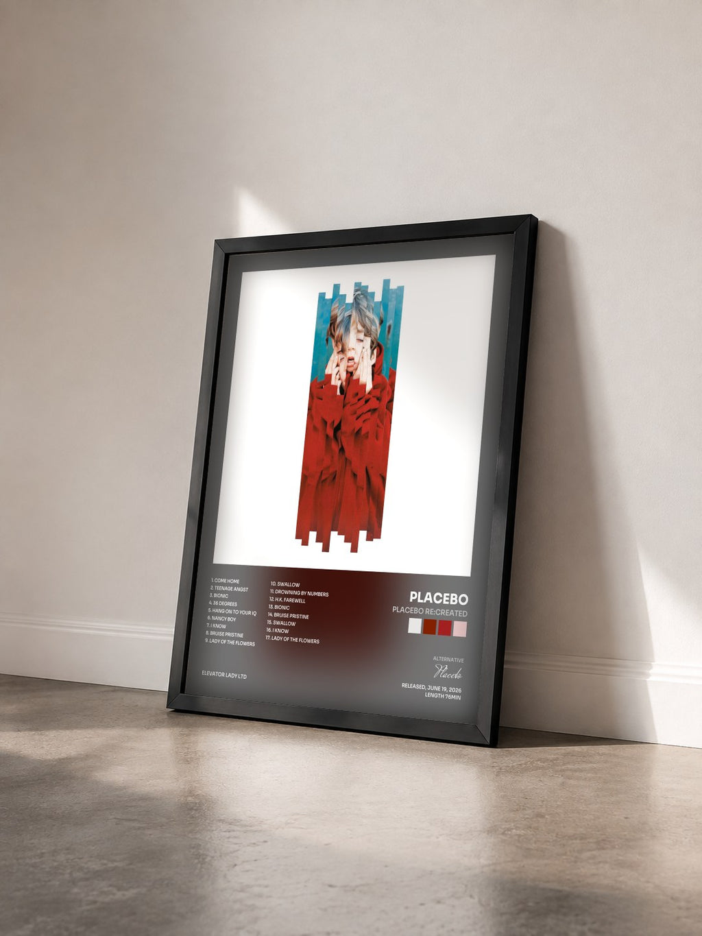 #noir Tableau de l'album Placebo RE:CREATED de Placebo vu de trois quarts, cadre noir