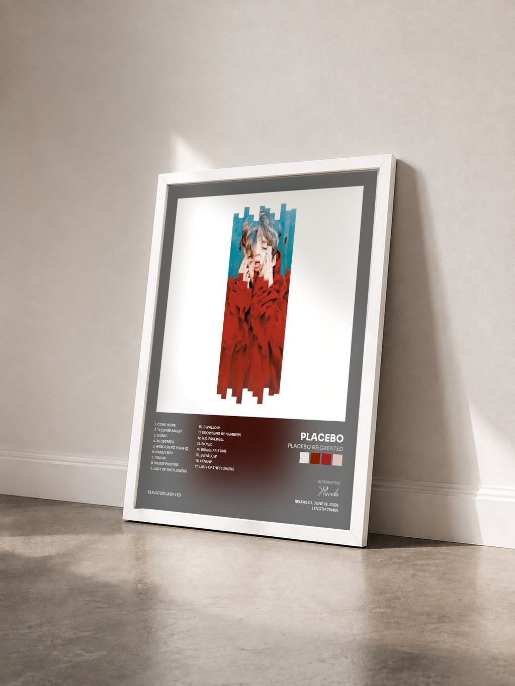 #blanc Tableau de l'album Placebo RE:CREATED de Placebo vu de trois quarts, cadre blanc