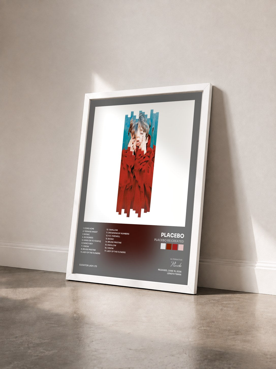 #blanc Tableau de l'album Placebo RE:CREATED de Placebo vu de trois quarts, cadre blanc