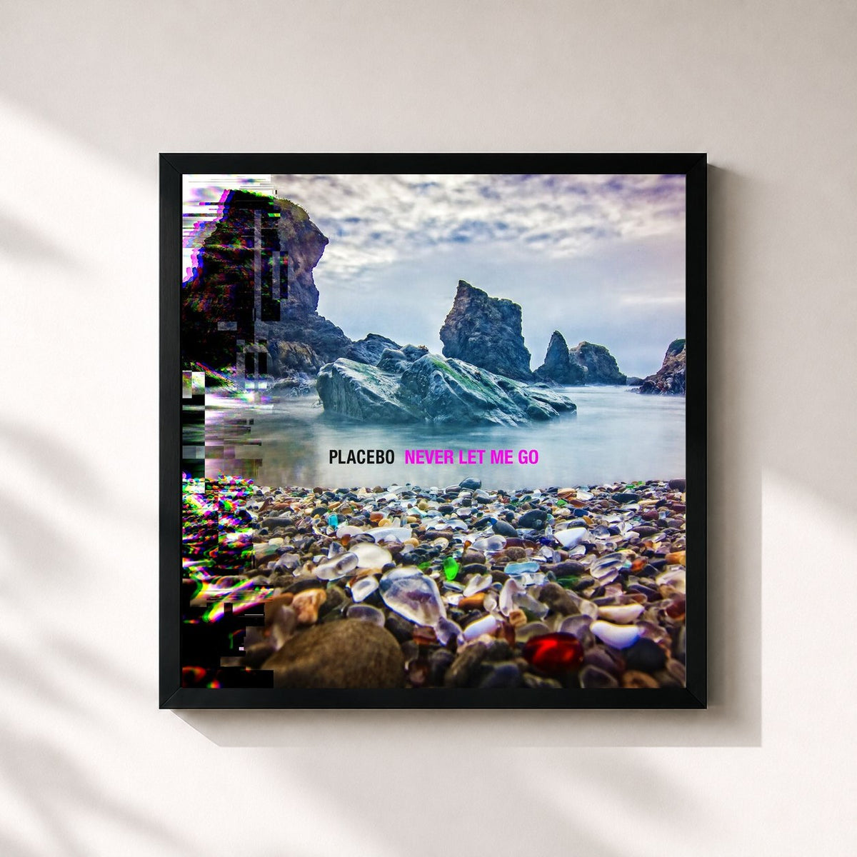 #noir Tableau carré de l'album Never Let Me Go de Placebo, cadre noir 32x32 cm