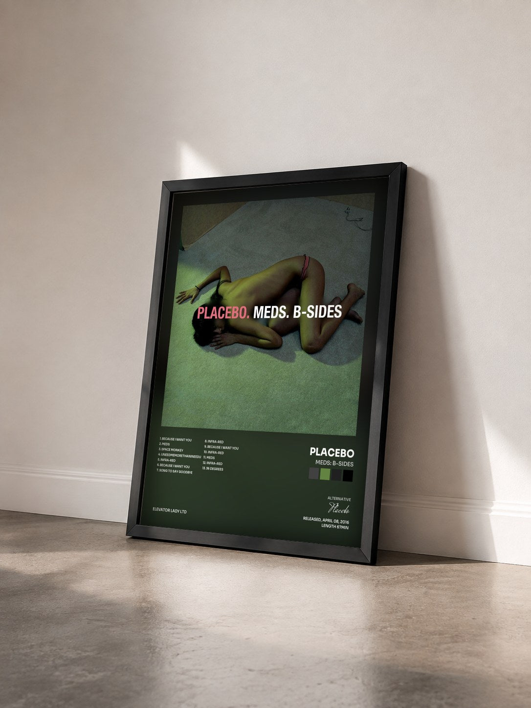 #noir Tableau de l'album Meds: B-Sides de Placebo vu de trois quarts, cadre noir