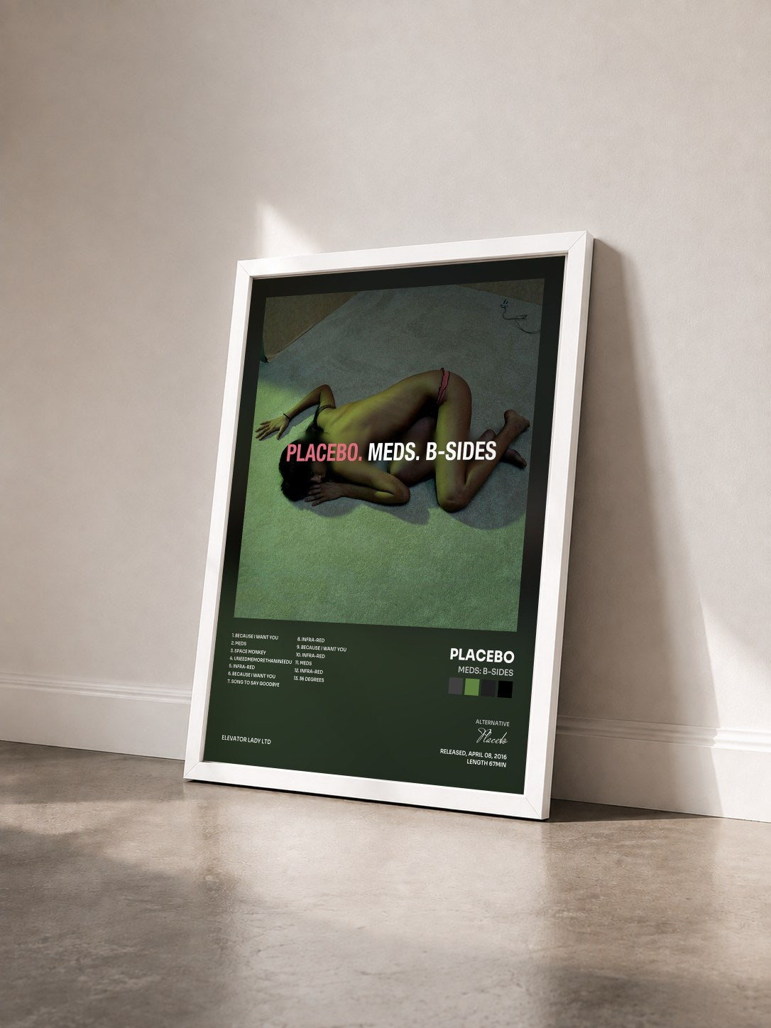 #blanc Tableau de l'album Meds: B-Sides de Placebo vu de trois quarts, cadre blanc