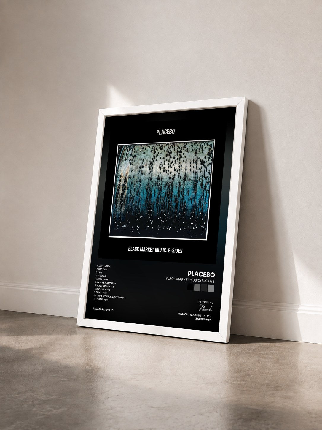 #blanc Tableau de l'album Black Market Music: B-Sides de Placebo vu de trois quarts, cadre blanc