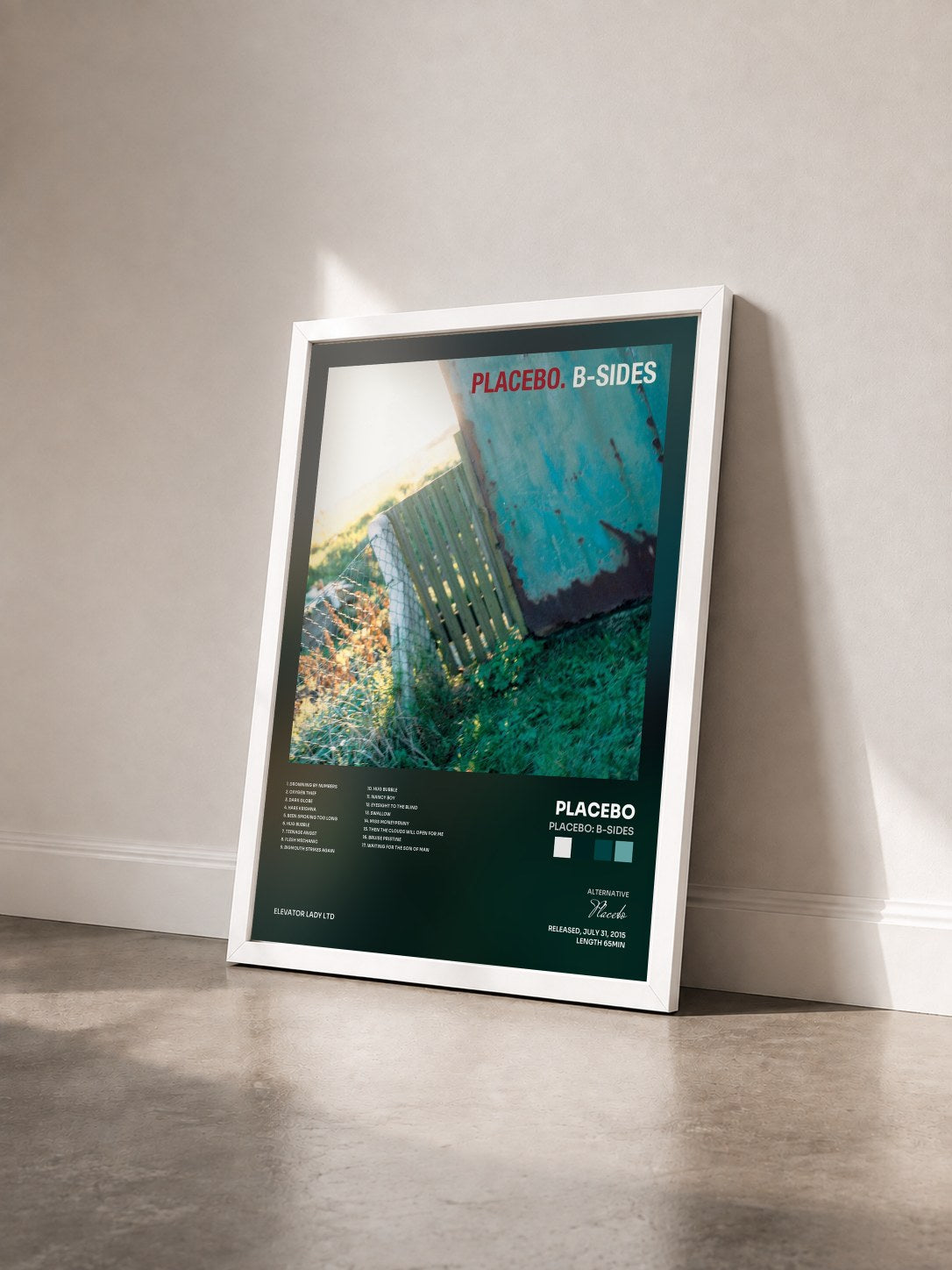 #blanc Tableau de l'album Placebo: B-Sides de Placebo vu de trois quarts, cadre blanc
