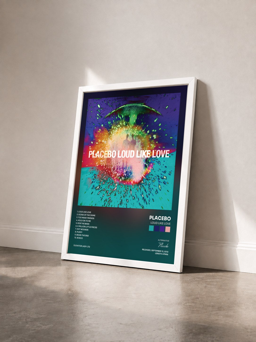 #blanc Tableau de l'album Loud Like Love de Placebo vu de trois quarts, cadre blanc