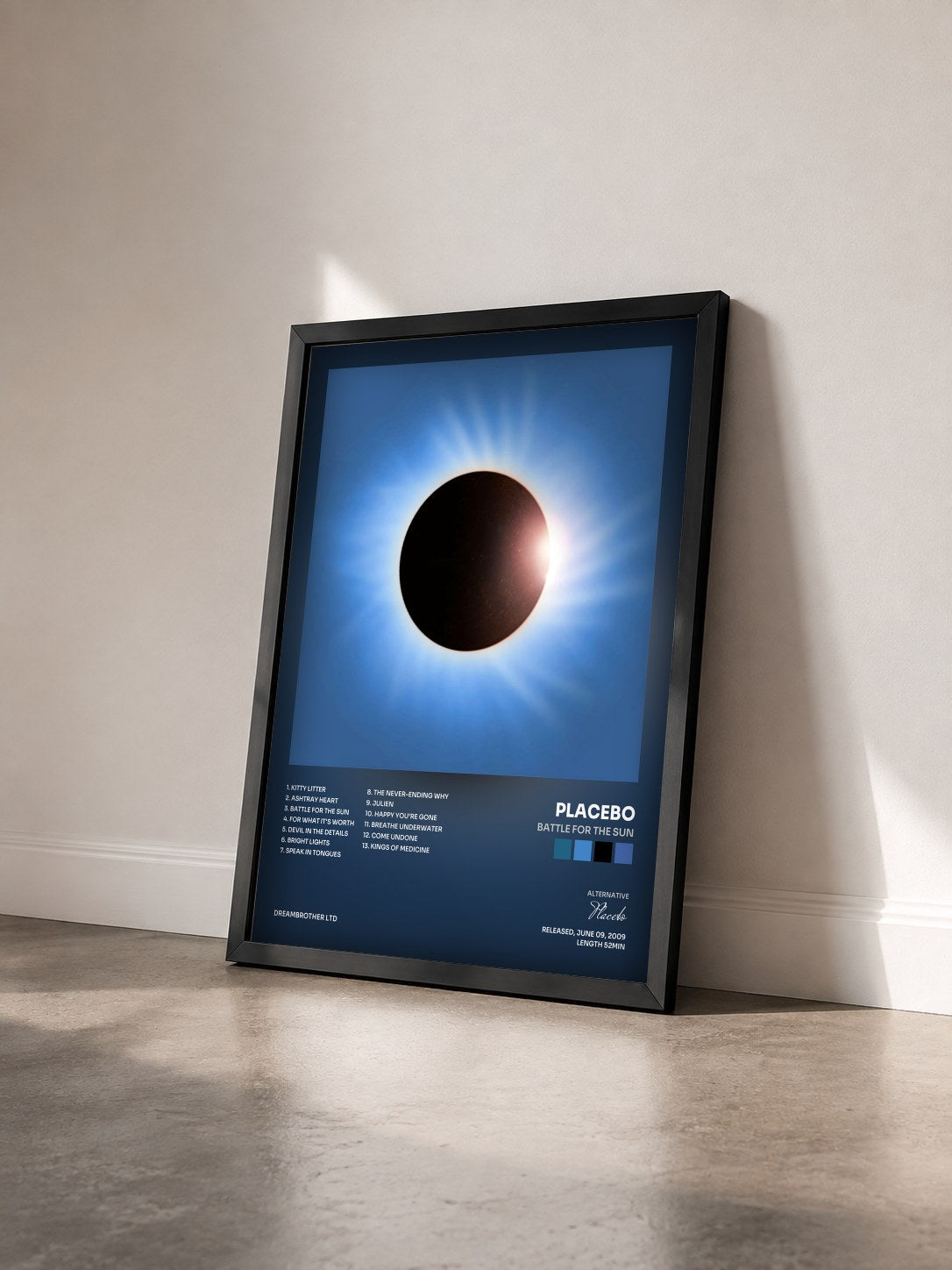 #noir Tableau de l'album Battle for the Sun de Placebo vu de trois quarts, cadre noir
