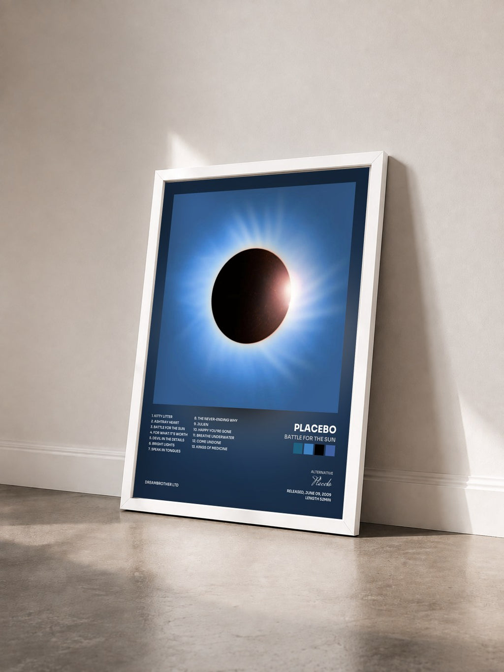 #blanc Tableau de l'album Battle for the Sun de Placebo vu de trois quarts, cadre blanc