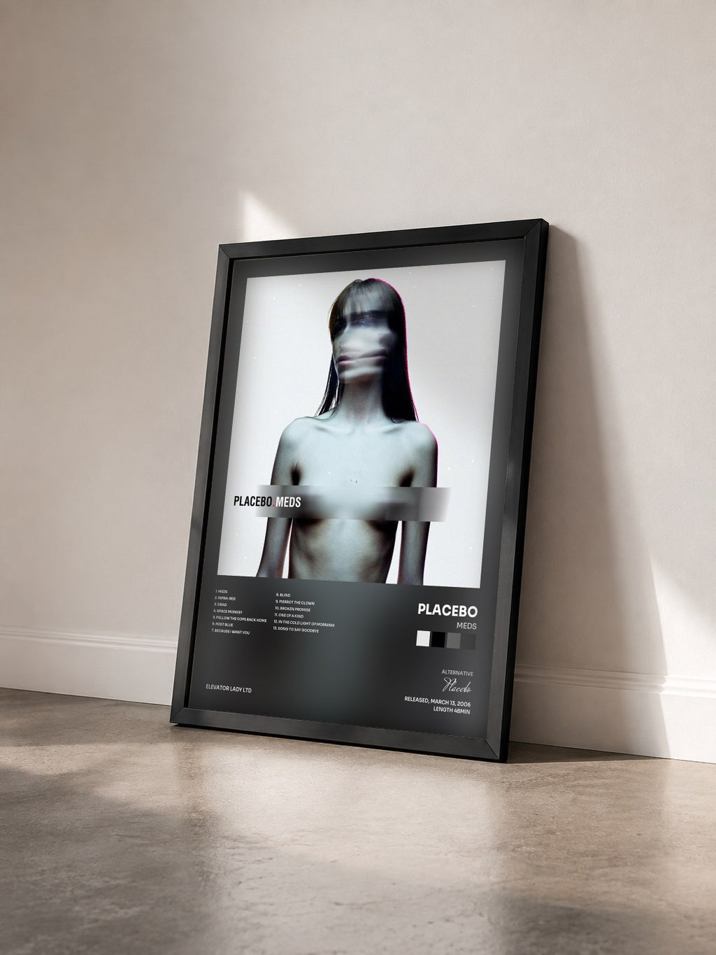 #noir Tableau de l'album Meds de Placebo vu de trois quarts, cadre noir