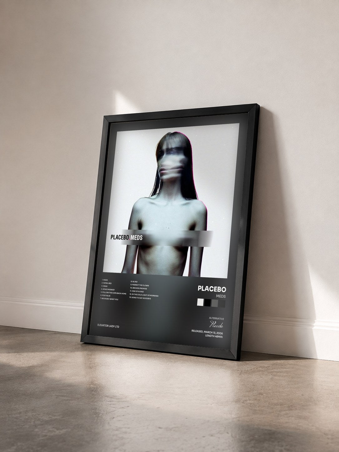 #noir Tableau de l'album Meds de Placebo vu de trois quarts, cadre noir