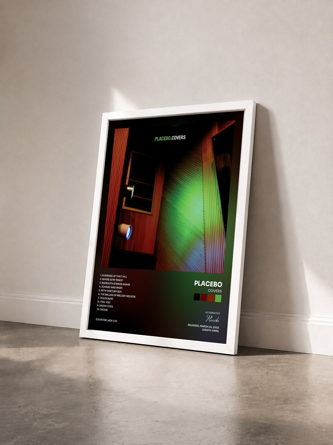 #blanc Tableau de l'album Covers de Placebo vu de trois quarts, cadre blanc
