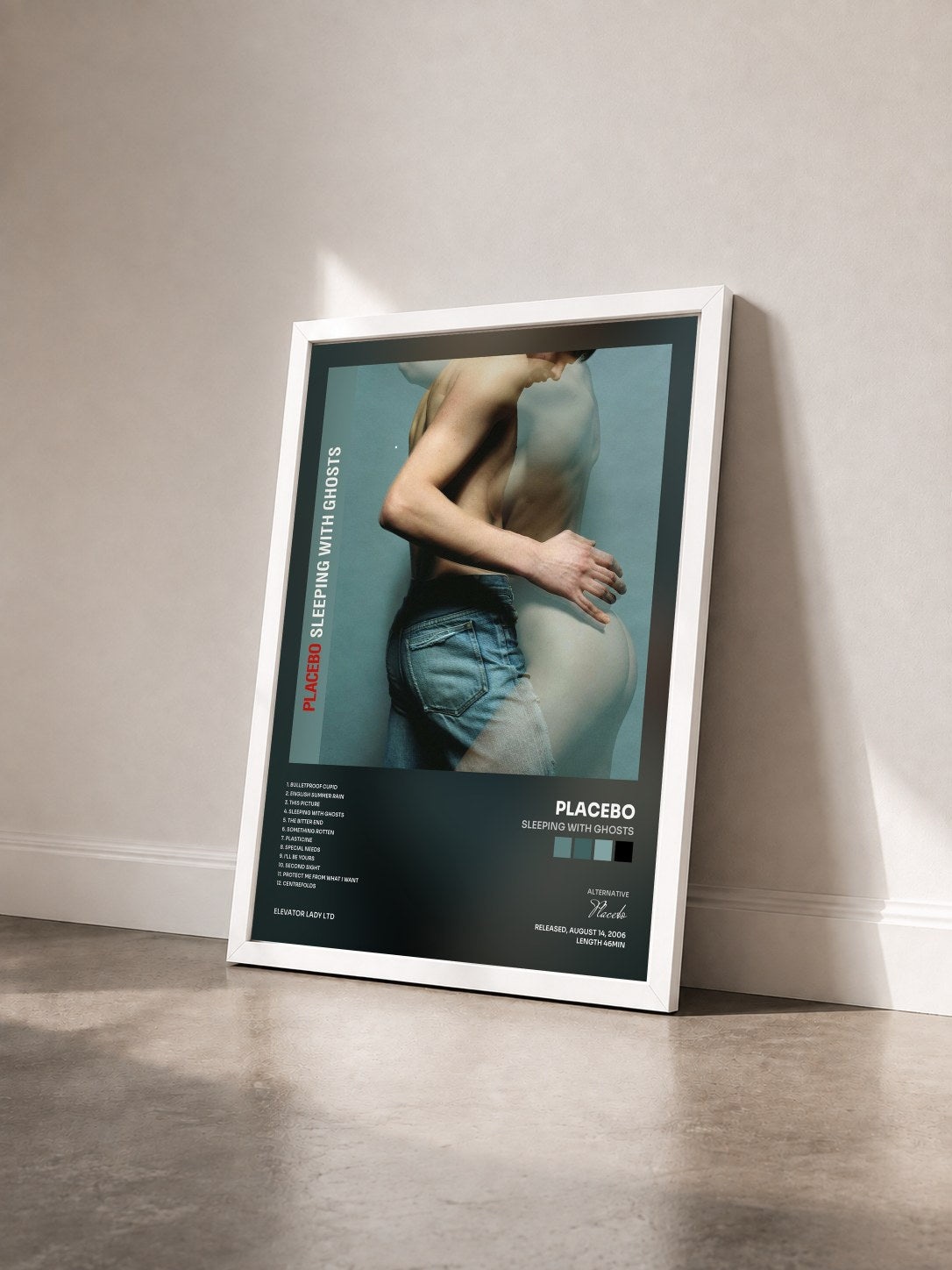 #blanc Tableau de l'album Sleeping With Ghosts de Placebo vu de trois quarts, cadre blanc