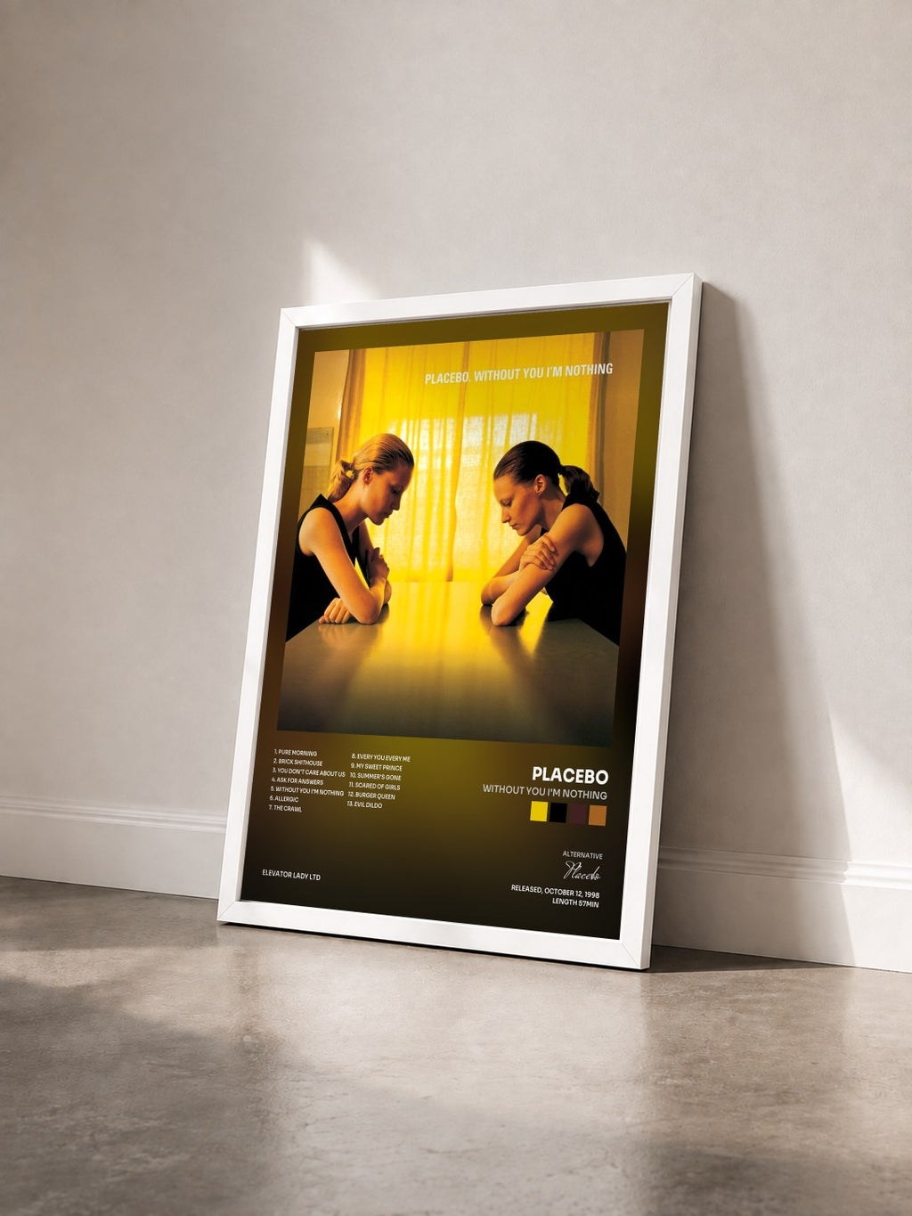 #blanc Without You I'm Nothing by Placebo as a framed art print seen at an angle, white frame