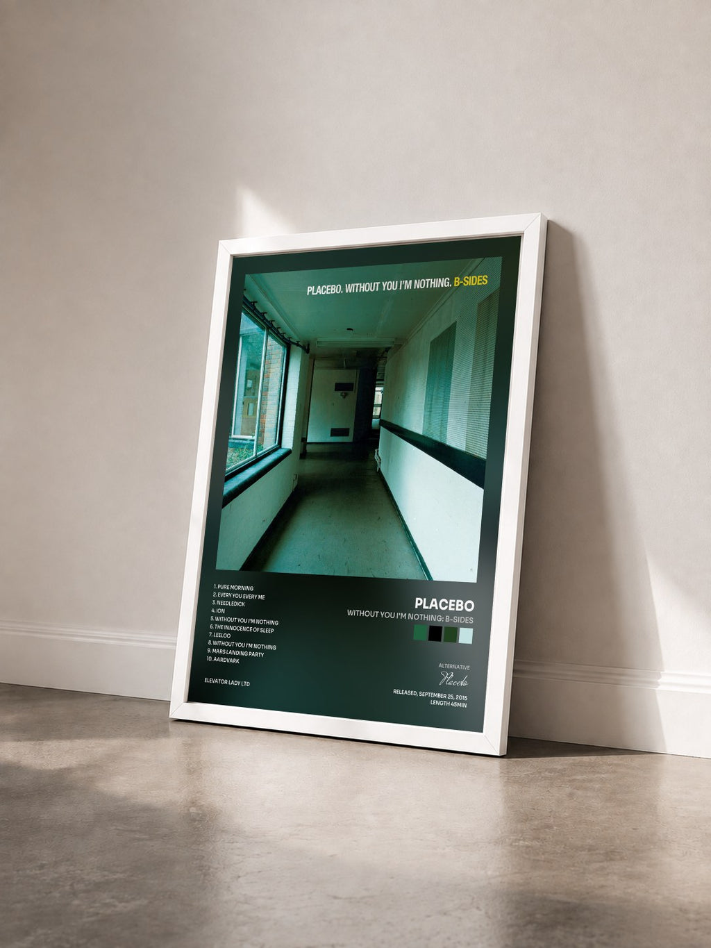 #blanc Tableau de l'album Without You I'm Nothing: B-Sides de Placebo vu de trois quarts, cadre blanc