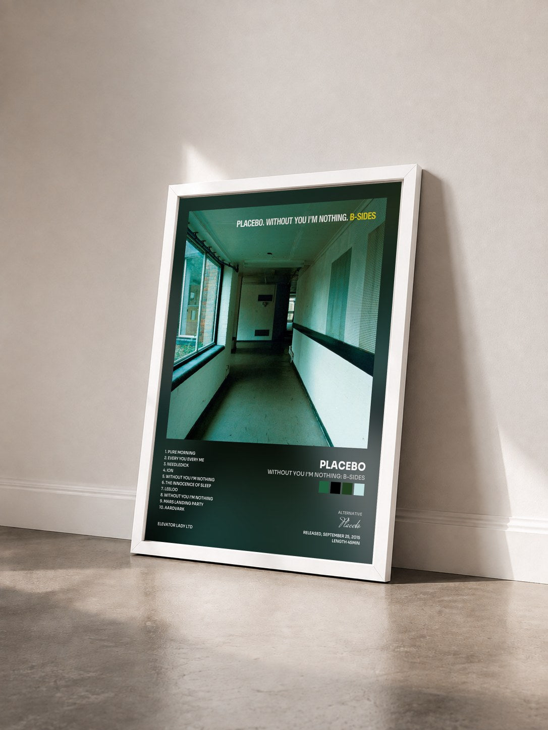 #blanc Tableau de l'album Without You I'm Nothing: B-Sides de Placebo vu de trois quarts, cadre blanc