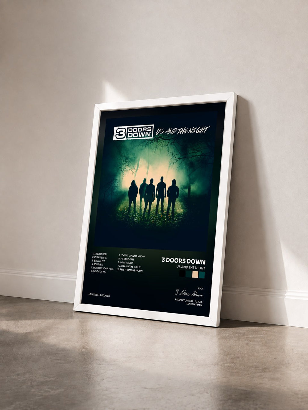 #blanc Tableau de l'album Us And The Night de 3 Doors Down vu de trois quarts, cadre blanc