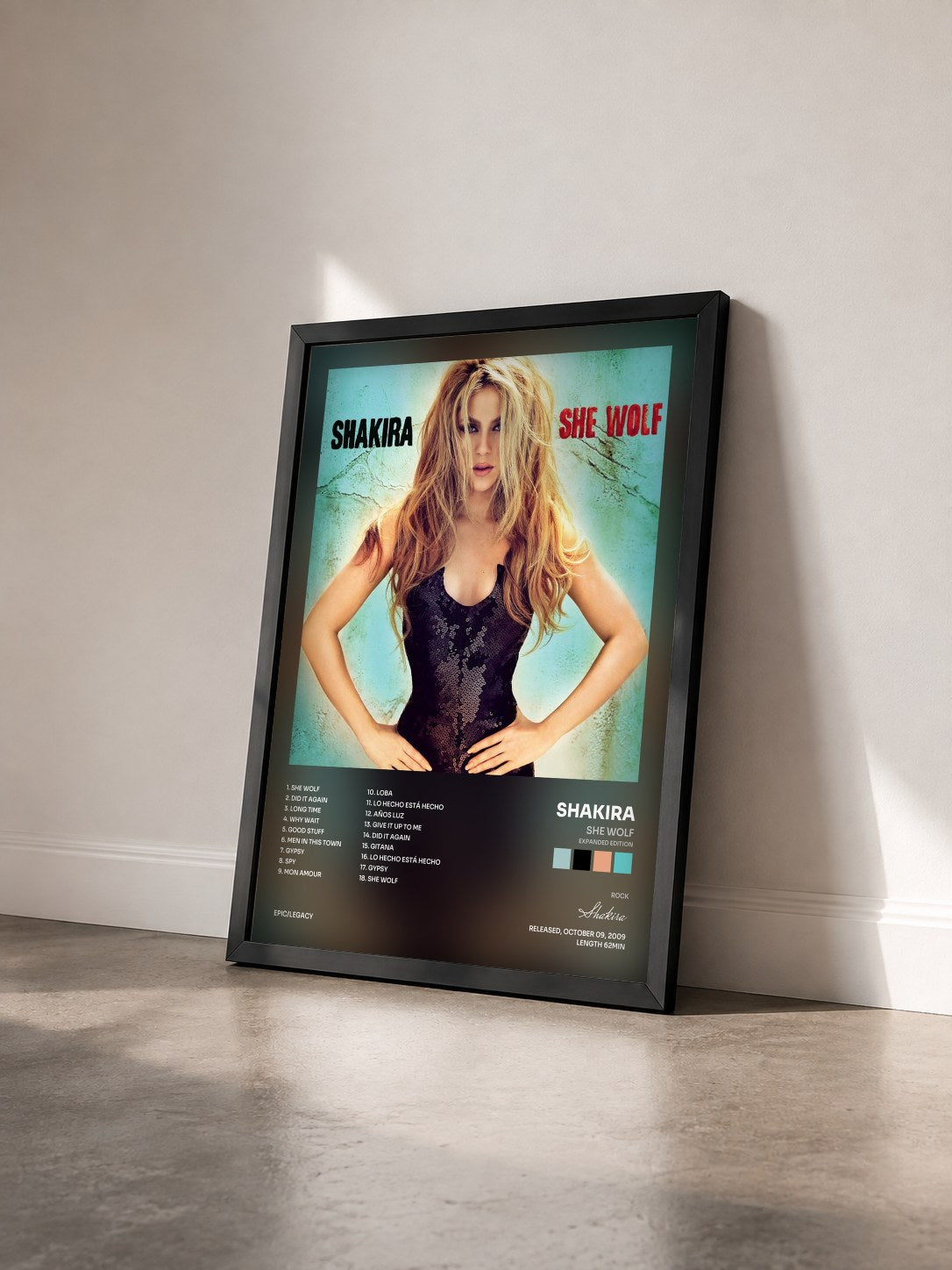 #noir Tableau de l'album She Wolf (Expanded Edition) de Shakira vu de trois quarts, cadre noir