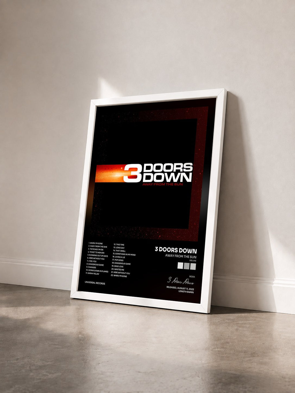 #blanc Tableau de l'album Away From The Sun (Deluxe) de 3 Doors Down vu de trois quarts, cadre blanc