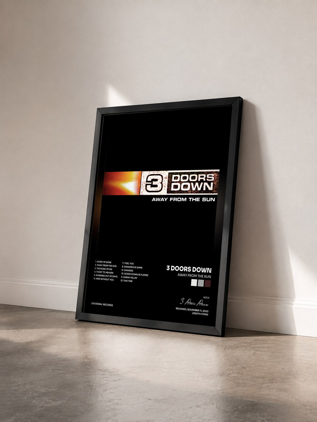 #noir Away From The Sun von 3 Doors Down als gerahmter Kunstdruck von schräg gesehen, schwarzer Rahmen