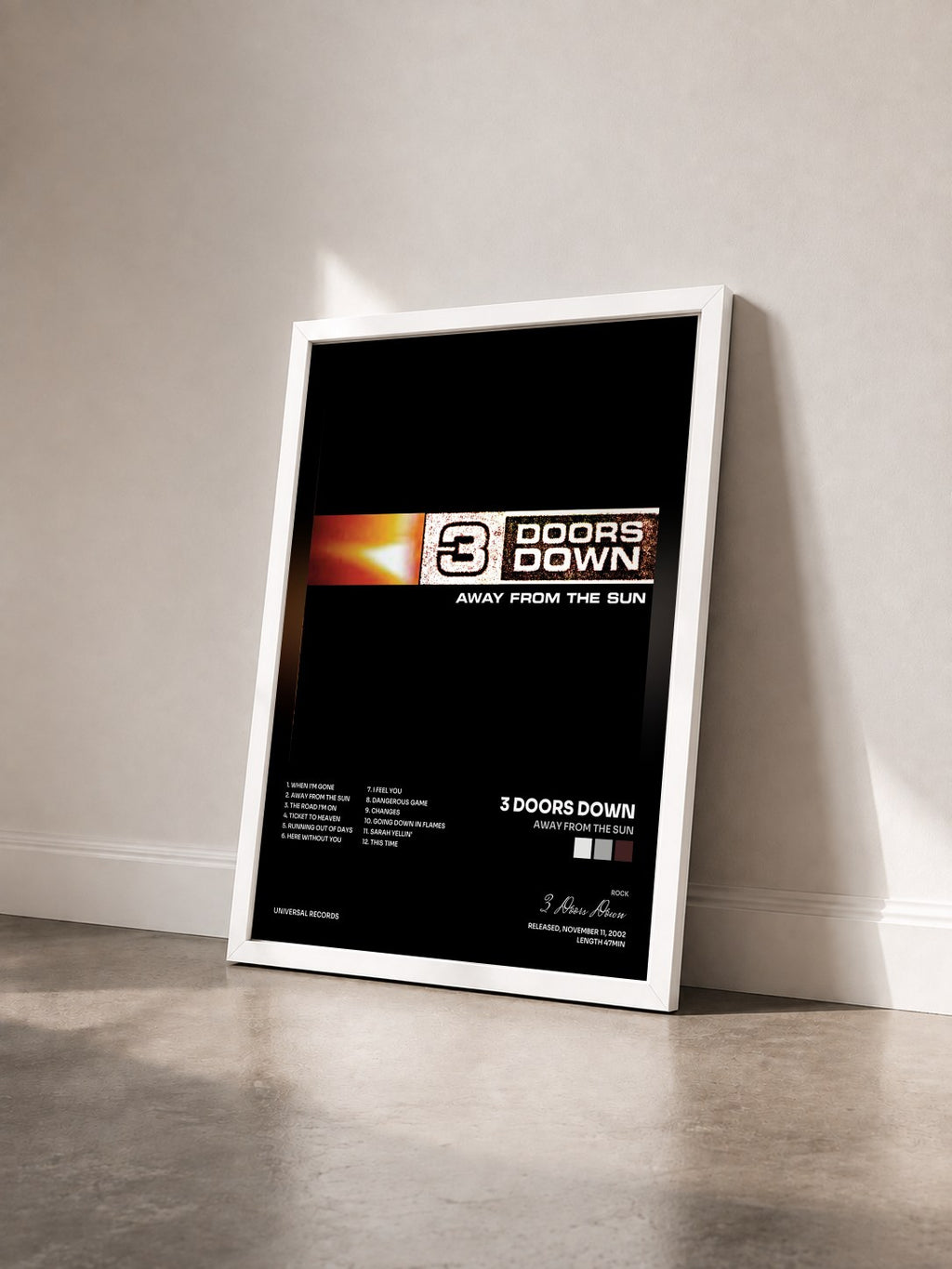 #blanc Away From The Sun von 3 Doors Down als gerahmter Kunstdruck von schräg gesehen, weißer Rahmen
