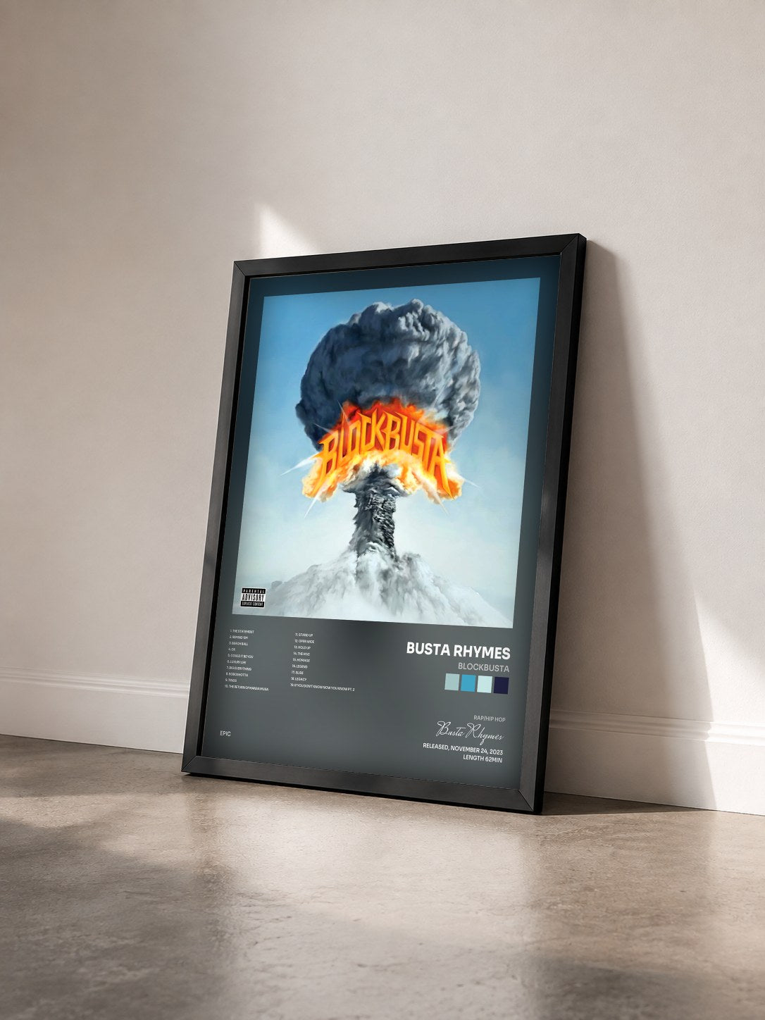#noir Tableau de l'album BLOCKBUSTA de Busta Rhymes vu de trois quarts, cadre noir