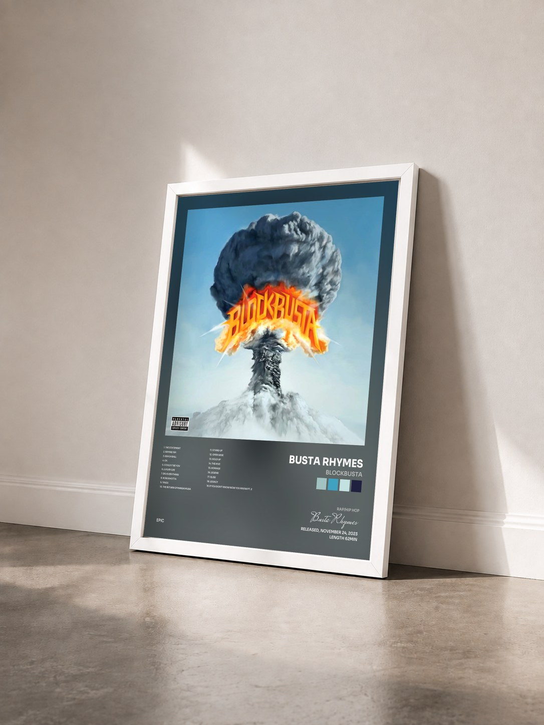 #blanc Tableau de l'album BLOCKBUSTA de Busta Rhymes vu de trois quarts, cadre blanc