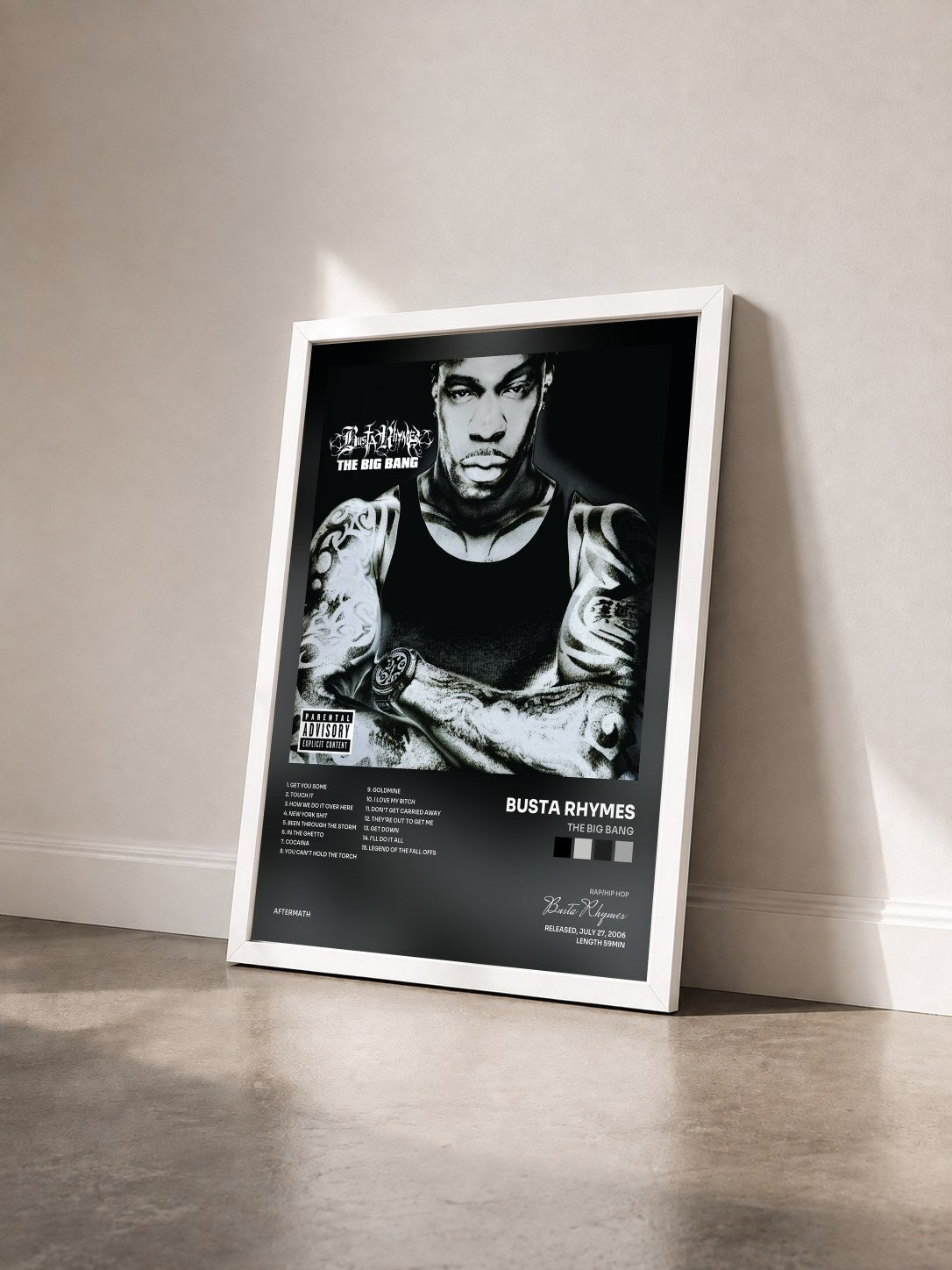 #blanc Tableau de l'album The Big Bang de Busta Rhymes vu de trois quarts, cadre blanc