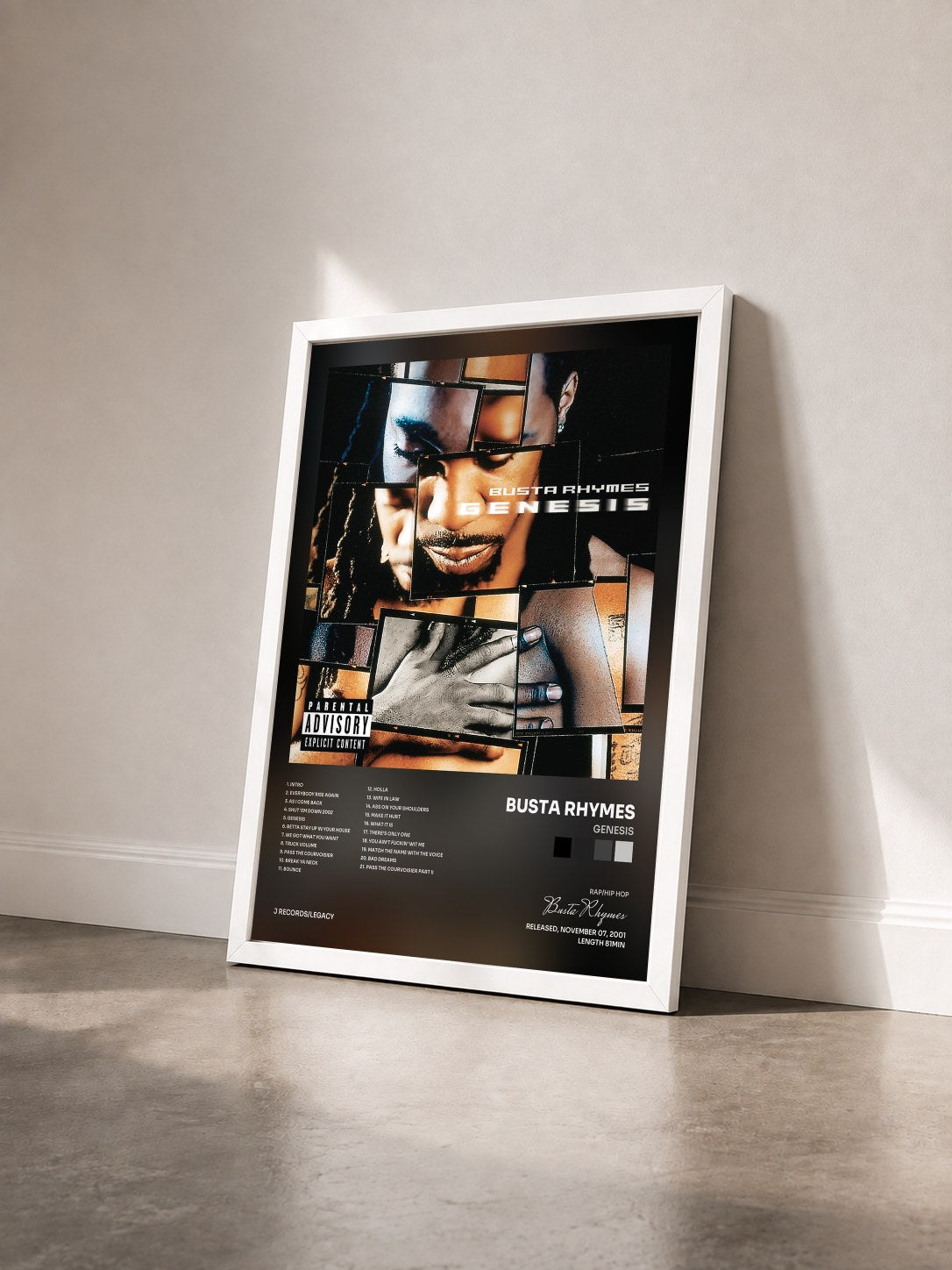 #blanc Tableau de l'album Genesis de Busta Rhymes vu de trois quarts, cadre blanc