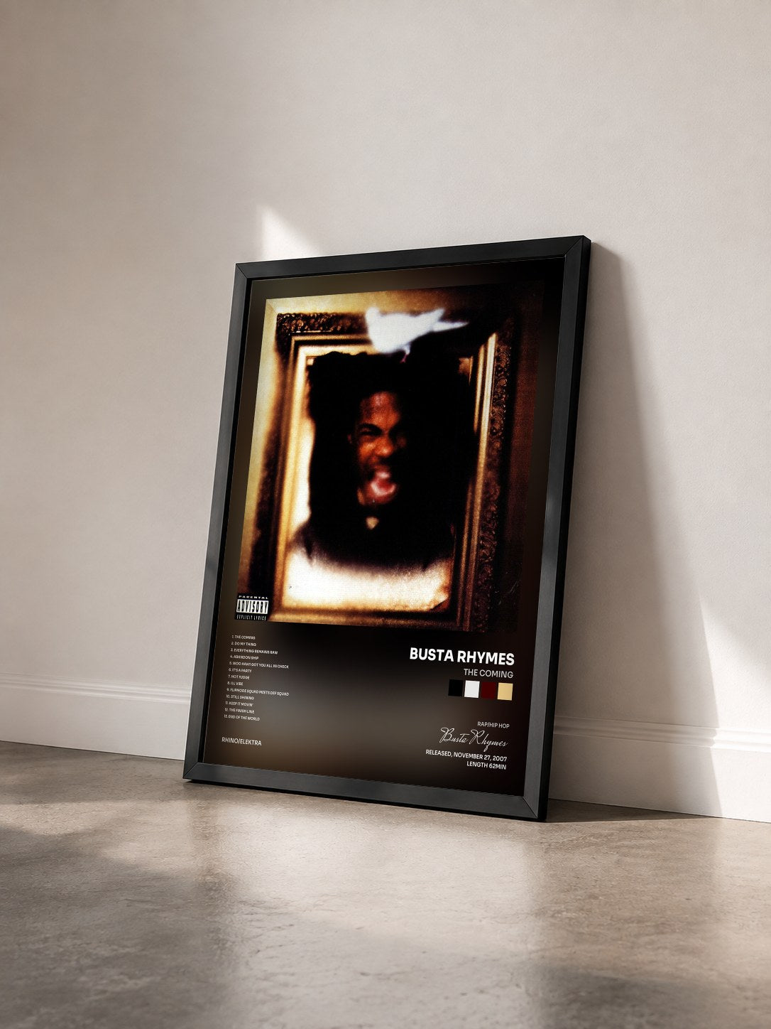 #noir Tableau de l'album The Coming de Busta Rhymes vu de trois quarts, cadre noir